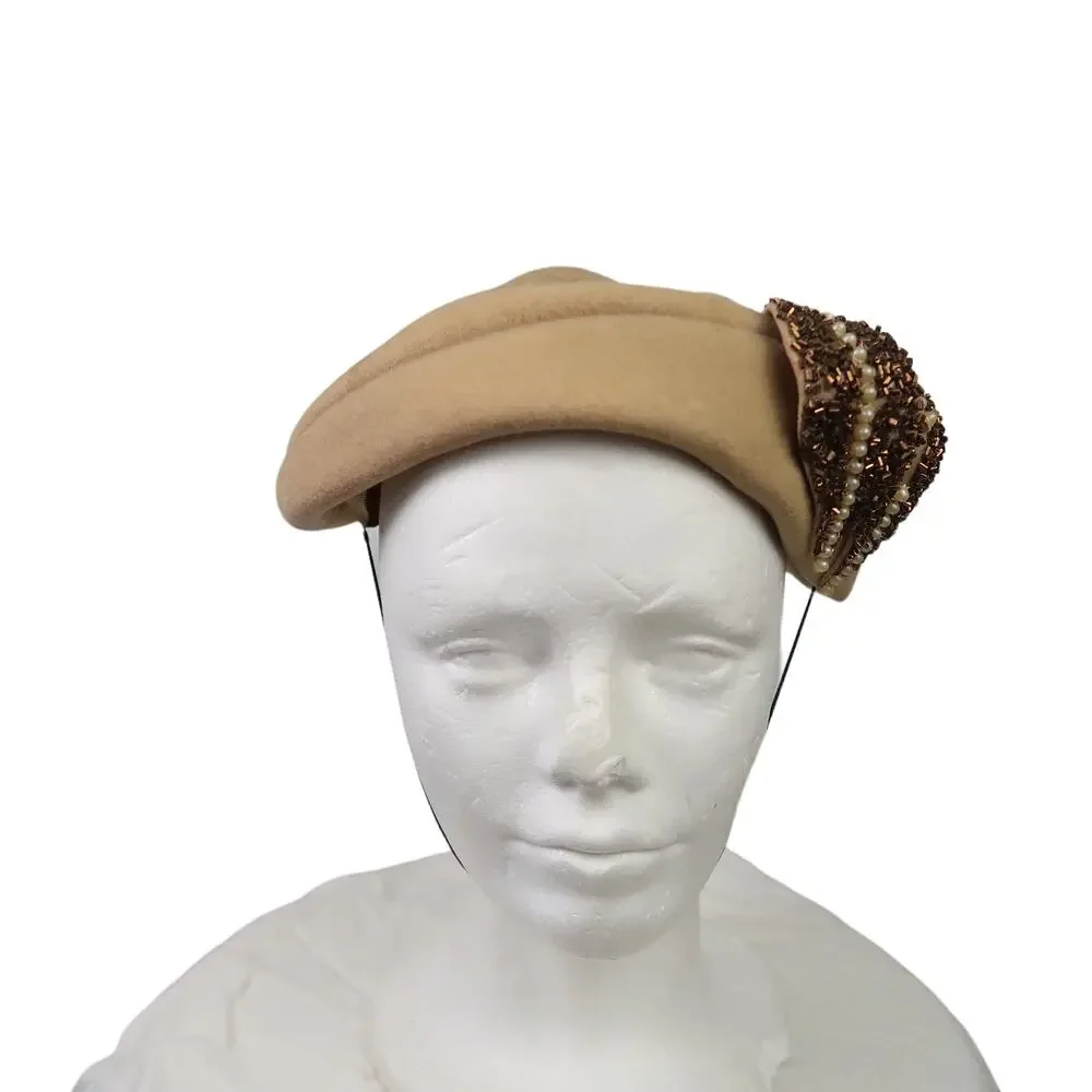 Vintage 50's tan felt wool bead embellished fascinator beret hat - Picture 4 of 8